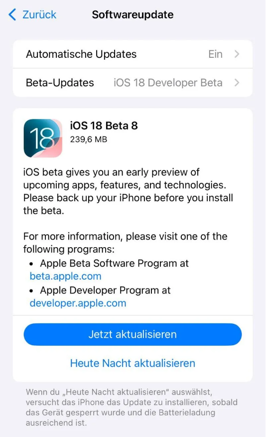 西平苹果手机维修分享苹果 iOS / iPadOS 18 开发者预览版 Beta 8 发布 